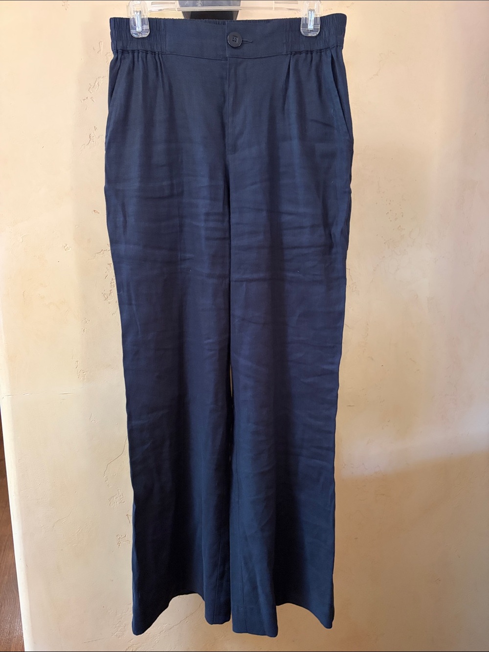 Sz S CAbi Navy Wide-Leg Women's Linen Blend Trousers